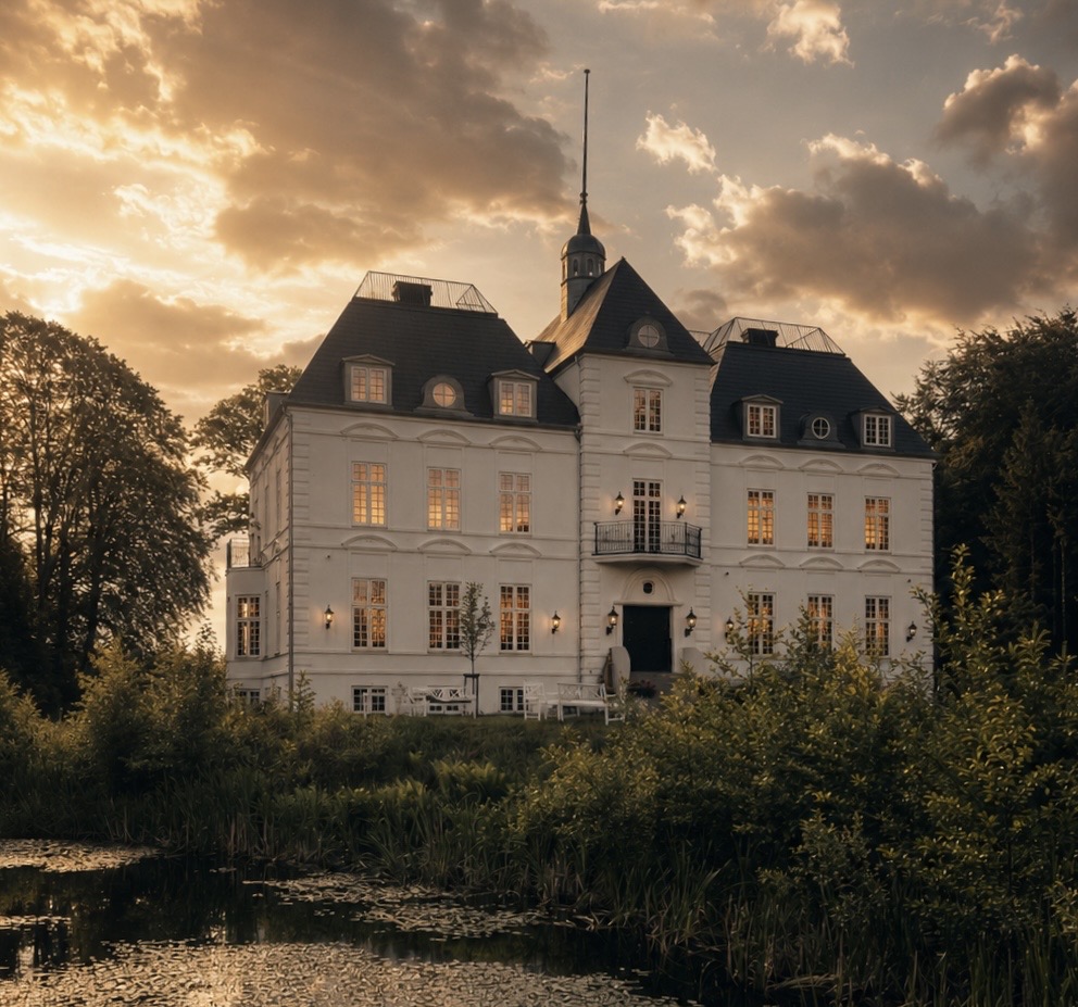 Pressebillede af slottet ved solnedgang